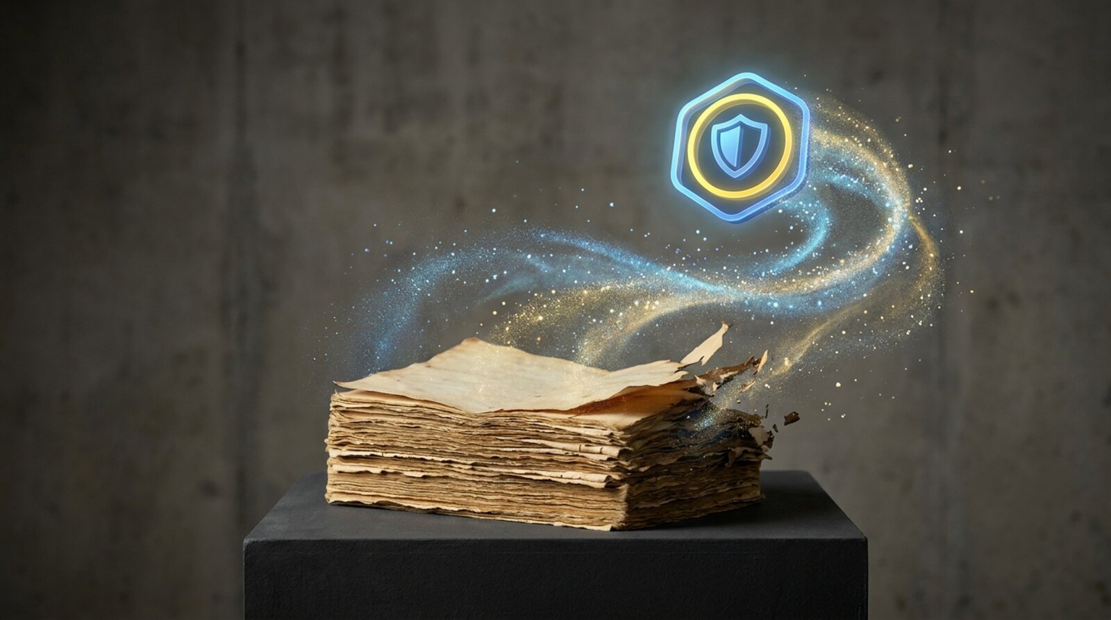 Immagine concettuale: una pila di curriculum cartacei che si dissolve in particelle luminose che si ricompongono in un distintivo digitale