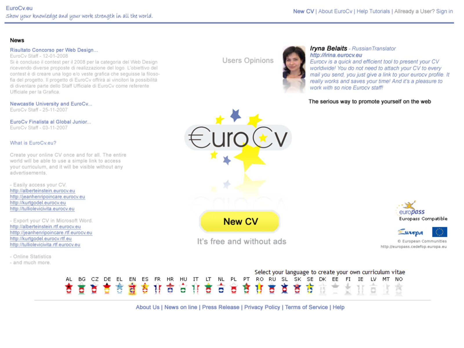 La home page di EuroCv.eu nel 2008: logo centrale, pulsante New CV, elenco dei sottodomini personali e selettore delle lingue europee