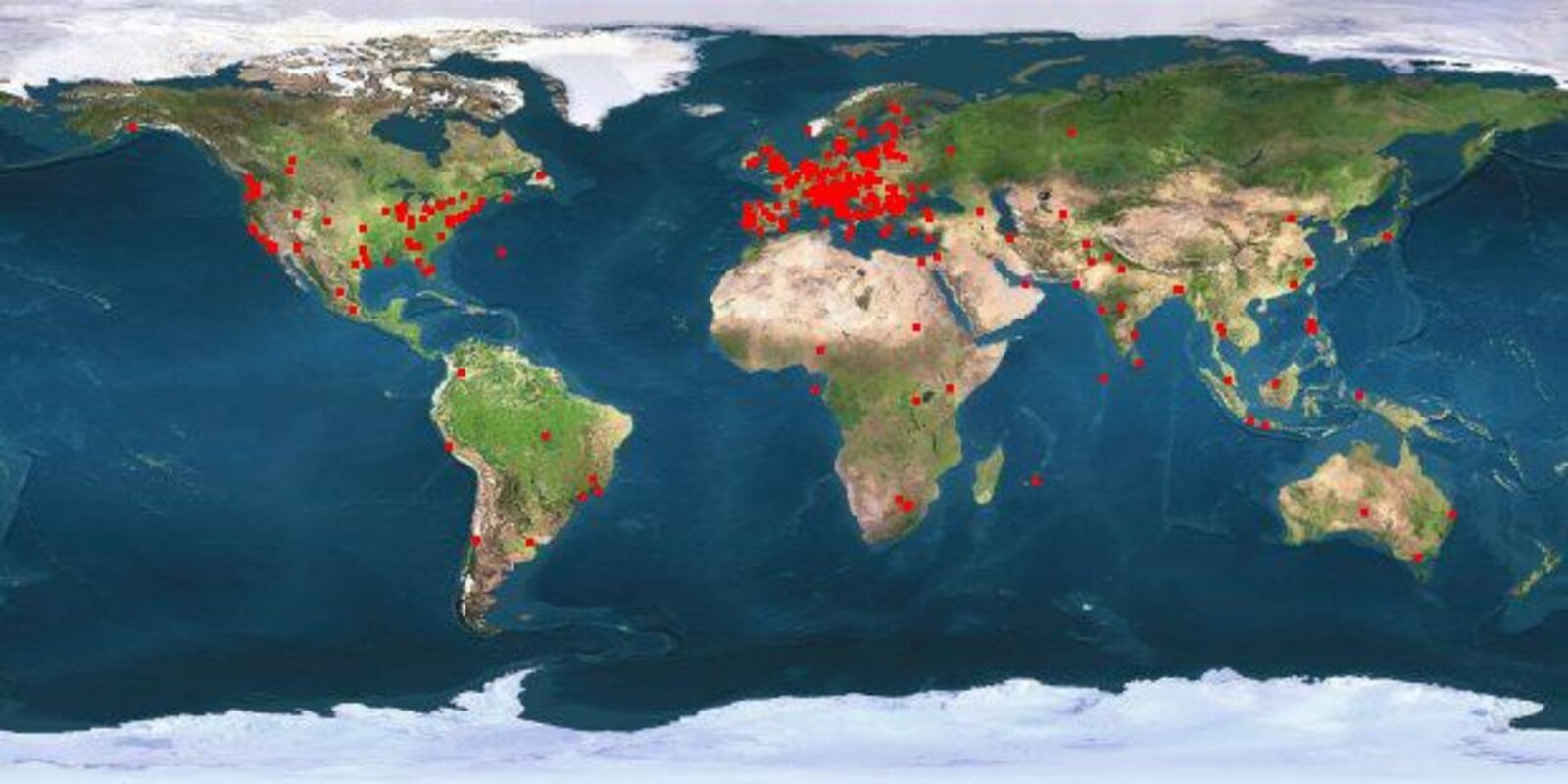 Planisfero delle statistiche di accesso a un curriculum EuroCv nel 2008, con puntini rossi distribuiti in Europa, Nord America e Asia