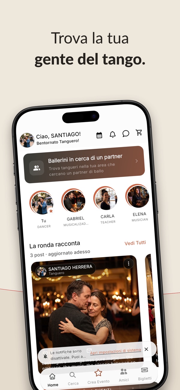 Tanguear — la home con la community e la ronda